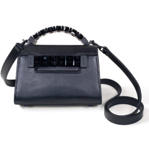 Front view of Mini Jewel Top Handle handbag in black Italian leather with black Swarovski crystals and tonal black hardware on top handle, front plaque, and clasp on matching detachable shoulder strap.