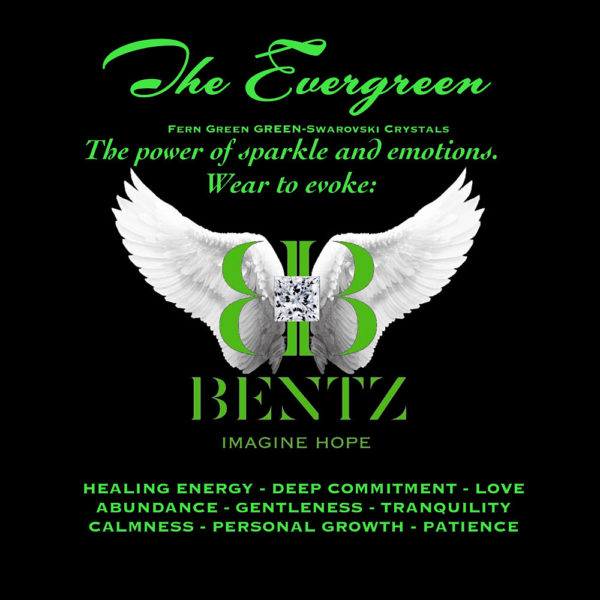 Digital ad for the Promise of Hope - Aura Collection with BB Swarovski logo on white angel wings and Bentz, Imagine Hope at the center. Surrounding green text reads, “The Evergreen. Fern Green-Swarovski Crystals. The power of sparkle and emotions. Wear to Evoke: Healing Energy, Deep Commitment, Love, Abundance, Gentleness, Tranquility, Calmness, Personal Growth, Patience.”