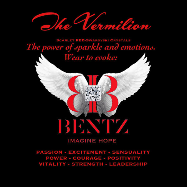 Digital ad for the Promise of Hope - Aura Collection with BB Swarovski logo on white angel wings and Bentz, Imagine Hope at the center. Surrounding red text reads, “The Vermilion. Scarlet Red-Swarovski Crystals. The power of sparkle and emotions. Wear to Evoke: Passion, Excitement, Sensuality, Power, Courage, Positivity, Vitality, Strength, Leadership.”