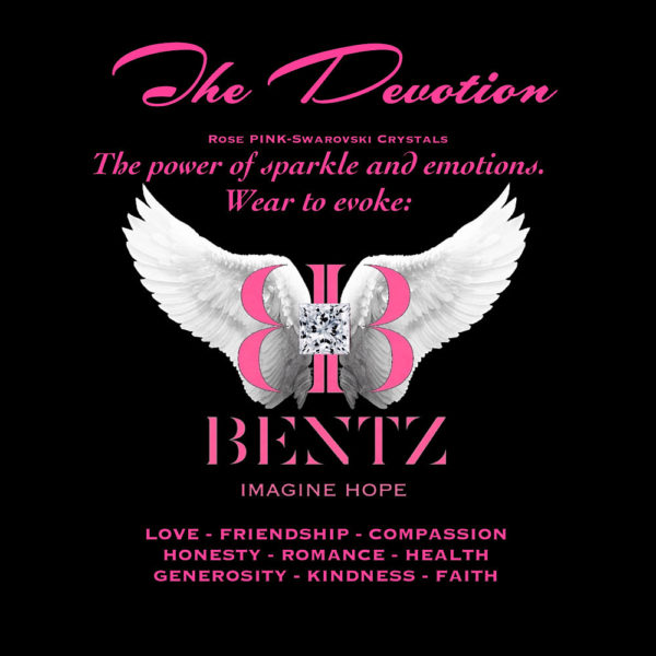 Digital ad for the Promise of Hope - Aura Collection with BB Swarovski logo on white angel wings and Bentz, Imagine Hope at the center. Surrounding pink text reads, “The Devotion. Rose Pink-Swarovski Crystals. The power of sparkle and emotions. Wear to Evoke: Love, Friendship, Compassion, Honesty, Romance, Health, Generosity, Kindness, Faith.”