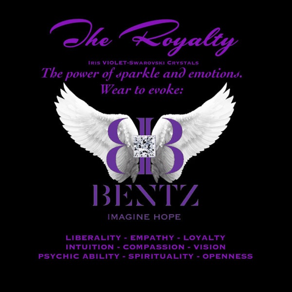 Digital ad for the Promise of Hope - Aura Collection with BB Swarovski logo on white angel wings and Bentz, Imagine Hope at the center. Surrounding purple text reads, “The Royalty. Iris Violet-Swarovski Crystals. The power of sparkle and emotions. Wear to Evoke: Liberality, Empathy, Loyalty, Intuition, Compassion, Vision, Psychic Ability, Spirituality, Openness.”