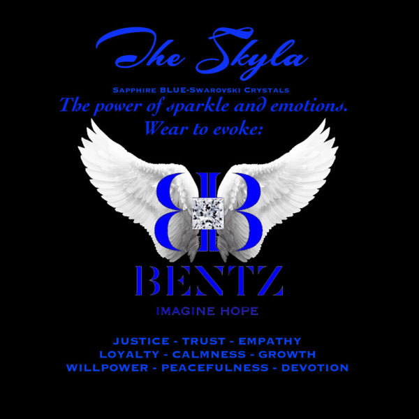Digital ad for the Promise of Hope - Aura Collection with BB Swarovski logo on white angel wings and Bentz, Imagine Hope at the center. Surrounding blue text reads, “Sapphire Blue-Swarovski Crystals. The power of sparkle and emotions. Wear to Evoke: Justice, Trust, Empathy, Loyalty, Calmness, Growth, Willpower, Peacefulness, Devotion.”