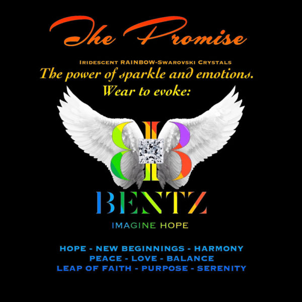 Digital ad for the Promise of Hope - Aura Collection with rainbow-colored BB Swarovski logo on white angel wings and Bentz, Imagine Hope at the center. Surrounding text in rainbow colors, reads, “The Promise. Iridescent Rainbow-Swarovski Crystals. The power of sparkle and emotions. Wear to evoke: Hope, New Beginnings, Harmony, Peace, Love, Balance, Leap of Faith, Purpose, Serenity.