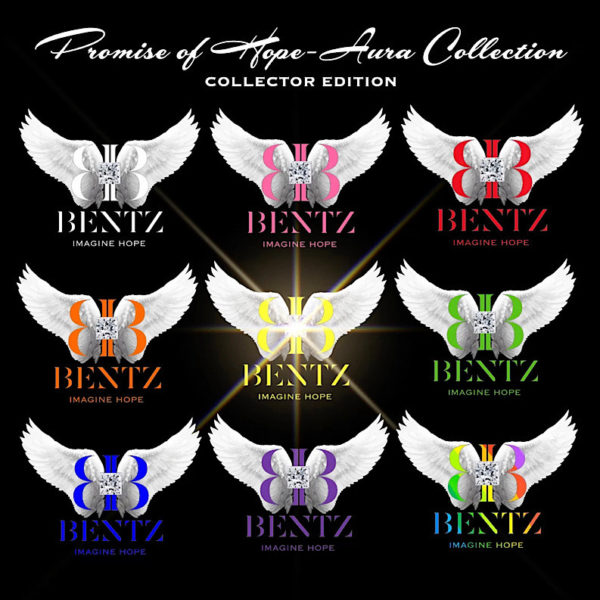 Digital ad for Promise of Hope - Aura Collection, Collector Edition. Ad features a grid of 9 side-by-side multi-colored Signature BB Swarovski logos on angel wings.