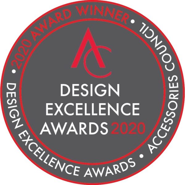 Circular badge award for the Accessories Council Design Excellence Awards 2020. Text around the top outer edge reads, 2020 Award Winner.