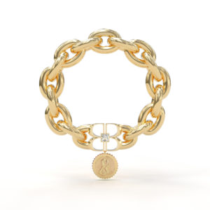 Front view of Promise Icon Crystal Bracelet with yellow gold chain links that connect at a custom yellow gold mirrored BB clasp with a clear square-cut Swarovski crystal at the center. A yellow gold crystal-edged penny dangles from the BB clasp.