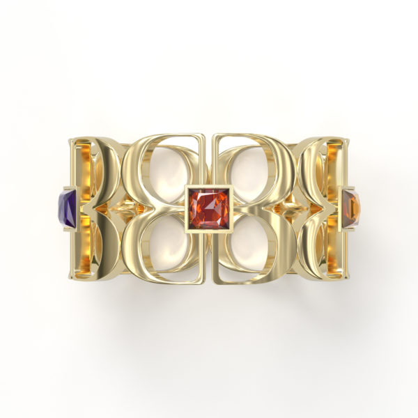 Top view of Desire BB Logo Ring with repeating yellow gold mirrored BB letters all the way around the ring. A Tangerine Orange-Swarovski crystal in a square setting is at the center of one of the BB logos.