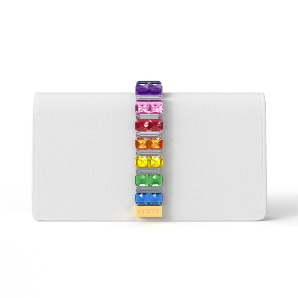Back view of the Over The Rainbow Clutch with an accent of rainbow-colored Swarovski crystals flowing into a small rectangular yellow gold bar engraved with the Bentz name logo.