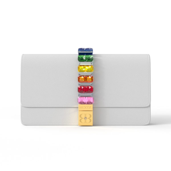 Front view of Over The Rainbow Clutch in white Italian leather with Swarovski crystals of blue, green, yellow, orange, red, and pink down the clutch center into a decorative clasp engraved with Bentz and BB logos.